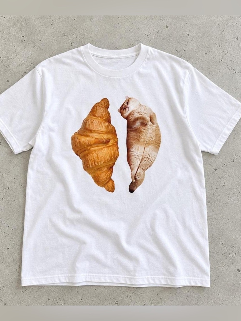 White Cat & Croissant Graphic Tee, Vintage Cute Shirt, Gift For Lover Cat